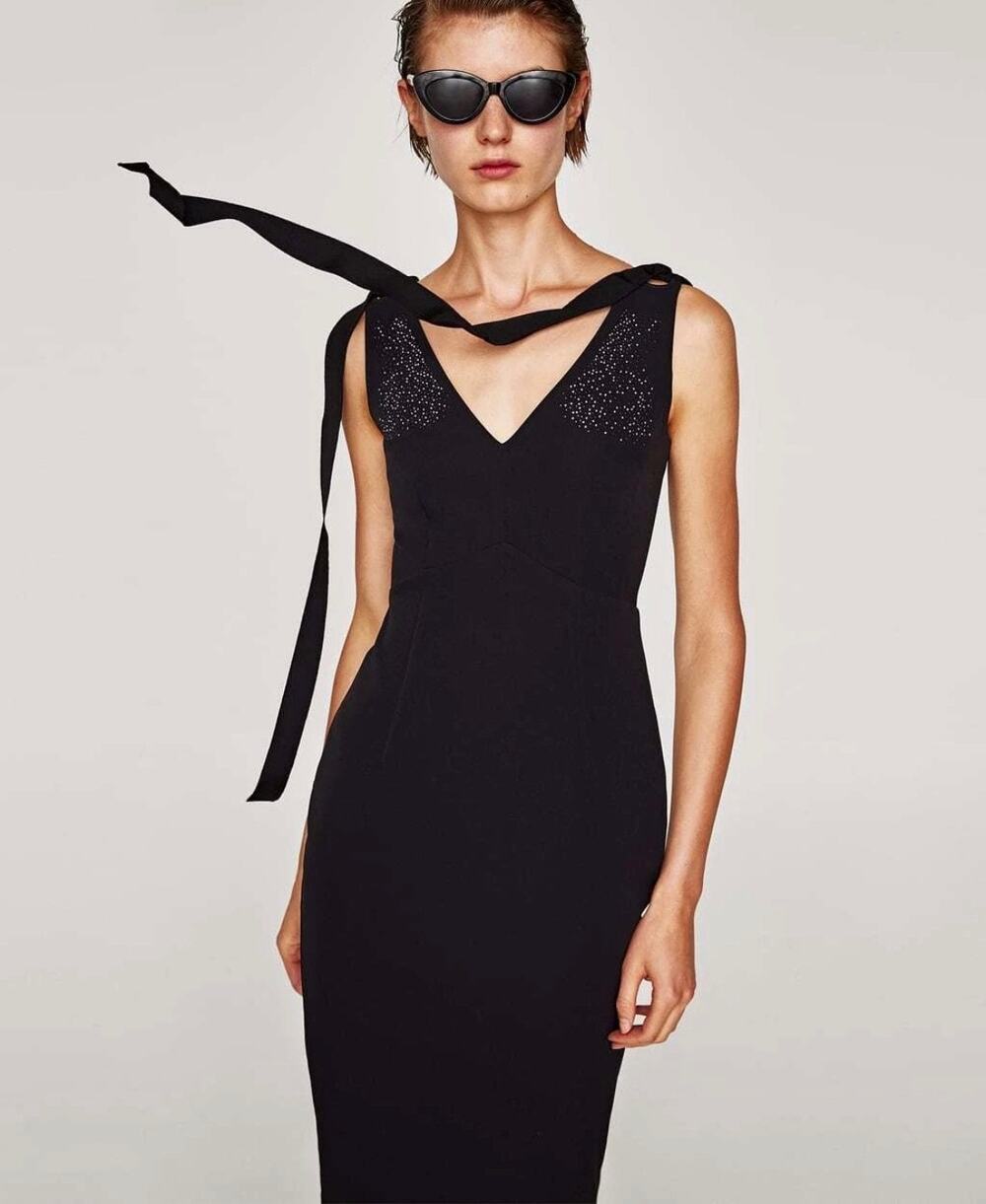 ZARA black embellished midi formal dress bows Ref US v-neck low bodycon back